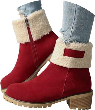 Generic 2025 Womens Winter Boots - Round Toe Snow Ankle Fur Lined Booties with Side Zipper & Chunky Heel - Comfortable Suede(Red,8.5)