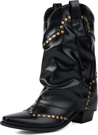 Generic Womens Retro Western Boots Mid Calf, Chunky Heel & Comfort Square Toe for Daily Casual,Black,5.5 UK