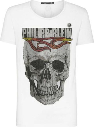 Philipp Plein Flame T-shirt met Crystal Skull Print - Heren - Tops - Wit - Maat: 2XL Lame