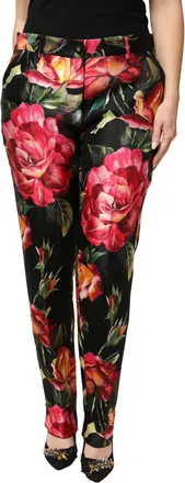 Dolce & Gabbana Black Floral Silk Mid Waist Tailored Trousers Womens Pants (Pre-Owned)