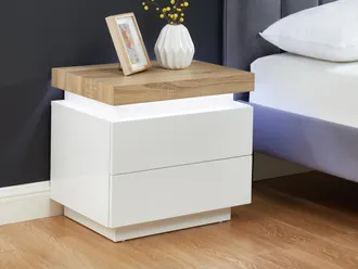 Vente-Unique Comodino 2 cassetti Con LED MDF Laccato Bianco e Rovere - Lotto di 2 - HALO II