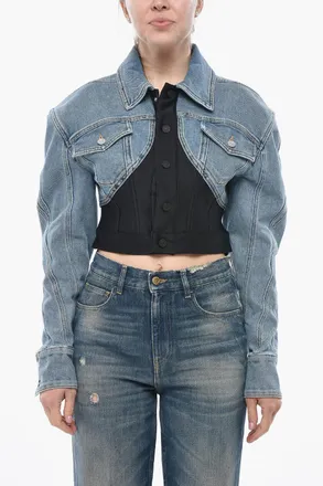 MUGLER Cropped Denim Jacket with Jersey Detail Mugler
