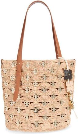 Paco Rabanne Raffia Disc North South Bucket Bag in Peach/Gold at Nordstrom