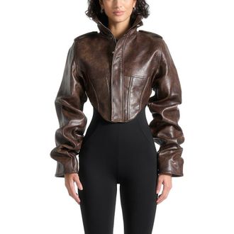 Mani&egrave;re De Voir Solange Tacked Sleeve Corset Jacket in Brown at Nordstrom, Size 0
