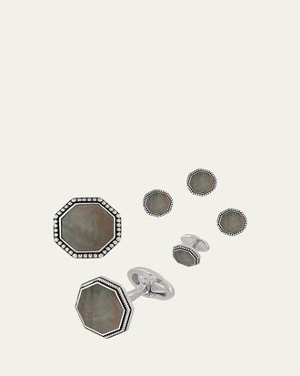 Jan Leslie Beaded Octagonal Mother-of-Pearl Cuff Links Studs Set