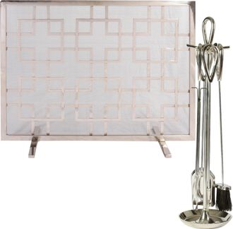 Dibor Contemporary Nickel 4pc Freestanding Fireside Companion Set with Fire Screen Guard