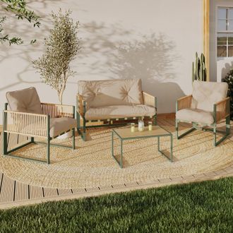 IDMarket Conjunto De Muebles Bajos De Jard&iacute;n De 4 Plazas Rio Con Estructura De Metal Verde, Cordaje Efecto Rat&aacute;n Claro Y Cojines Beige