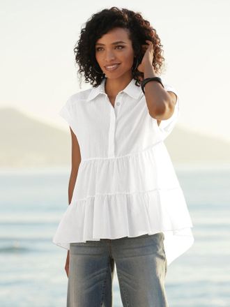 Heine Kurzarmbluse HEINE, Damen, Gr. 34, wei&szlig;, 100% Baumwolle, unifarben, Blusen Kurzarmbluse