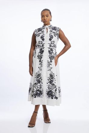 Karen Millen Plus Size Cotton Embroidery Woven Button Up Midi Dress