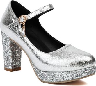 Generic Womens Mary Jane Pumps Metallic Upper Glitter Block Heel Platform Sole Adjustable Ankle Strap Crystal Charm Round Toe Cushioned Insole Durable Shiny S