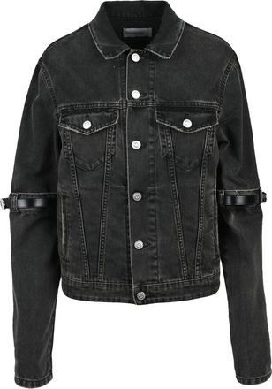 Coperni Cropped Black Denim Jacket with Leather Strap Details