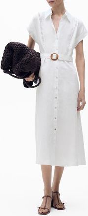 Mango Belted Linen Shirtdress in White at Nordstrom, Size 6