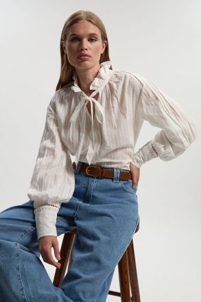 Karen Millen Womens Cotton With Lace Trim Insert High Neck Puff Sleeve Blouse - White - Size 12 UK