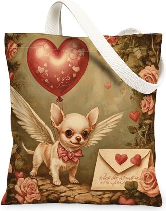 Generic Valentines Day Dalmatian Dog Canvas Tote Bag for Shopping 13x15, Vintage Puppy Reusable Grocery Print Bag for Women, Retro Lover Beach Aesthetic Paint