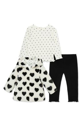 Little Me Heart T-Shirt, Faux Fur Jacket & Leggings Set in White/Black at Nordstrom, Size 24M