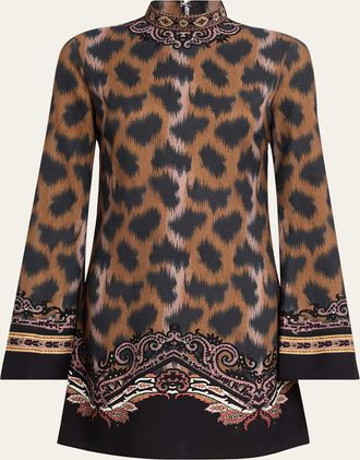 Etro Leopard-Print Long-Sleeve Mini Tunic Dress
