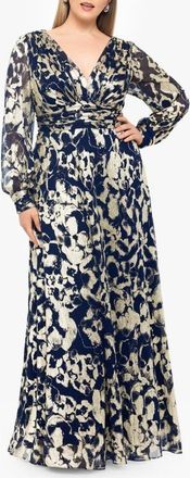 Betsy & Adam Long Sleeve Foil Print A-Line Gown in Navy/gold at Nordstrom, Size 18W