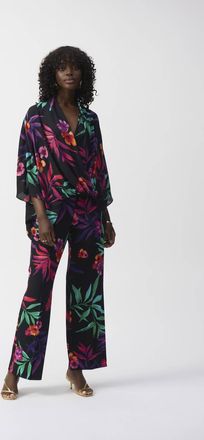 Joseph Ribkoff Georgette Tropical Print Wrap Top In Black/ Multi