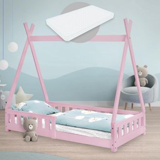 ML Design Ml-design - Cama Infantil Tipi Rosa Con Colch&oacute;n De Espuma Fr&iacute;a 80x160 Cm Protecci&oacute;n Antica&iacute;da Somier Estructura Listones De Madera Maciza De Pino Para