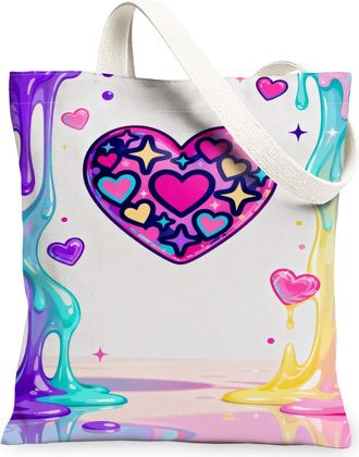 Generic Heart Canvas Tote Bags, Colorful Love Pattern Reusable Grocery Bags, Summer Fun Stylish Lightweight Washable Shoulder Strap, Colorful, 13x15 Inch