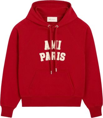 Ami Cropped Felt Embroidered Cotton Hoodie