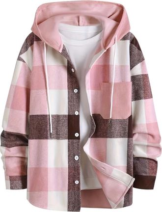 Generic Mens Jackets with Hood Long Sleeve Button Down Shacket Relaxed Fit Hooded Shirt Jacket Casual Plaid Shirts Patchwork Checked Shirt Spring Autumn Outwe