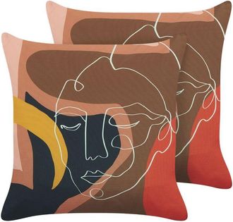 Beliani Conjunto De 2 Cojines De Poli&eacute;ster Multicolor 45 X 45 Cm Patr&oacute;n De Cara Hyacinth