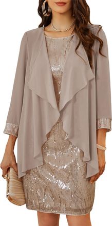 Grace Karin Ladies Retro Round Neck Spaghetti Dress + Blouse Two-Piece Set Birthday Formal Occasion Dress Khaki XXL