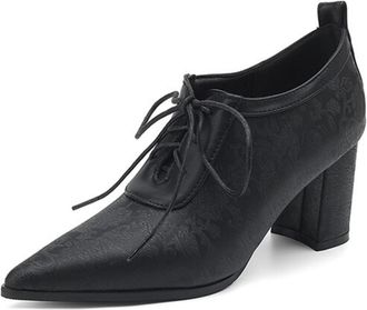 Generic Womens Pointed Toe Pumps Textured Fabric Lace-Up Block Heel Contrast Panel Cushioned Insole Anti-Slip Durable Sole Comfortable Fit,Black,3.5 UK