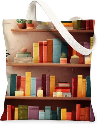 Generic Vintage Artistic Canvas Tote Bags, Colorful Bookshelf Pattern Reusable Grocery Bags, Lightweight Washable Shoulder Strap Ca, Multicolor, 13x15 Inch