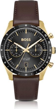 BOSS Tourmaster gold-tone watch with brown leather strap