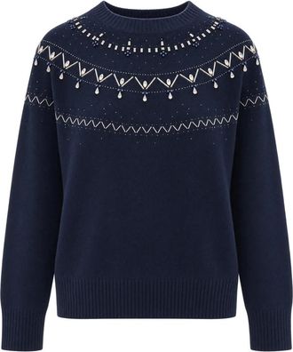 Liu Jo Maglia Girocollo Ricami con Perline e Castoni Gioiello - Dames - Ronde hals truien - Blauw - S - Wol - Truien & Vesten