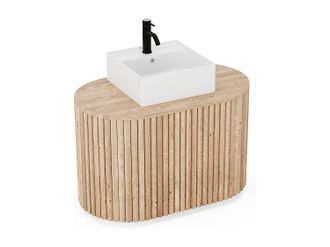 Vente-Unique Mueble de ba&ntilde;o flotante de teca con lavabo cuadrado - 90 cm - TOWARI