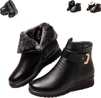 Generic Womens Metal Buckle Leather Wool Orthopedic Boots - Waterproof Winter Snow Boots with Side Zipper & Non-Slip Sole Orthopedic Ankle Boots for Women (Bl