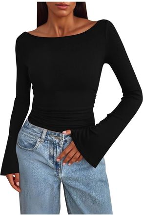 Generic Long Sleeve Tops Women Bell Sleeve Jumpers Ladies Crew Neck Tunic Sweaters Thin Knit Pullover Sweatshirts Womens Ruched Tops Slim Knitwear Elegant Blo