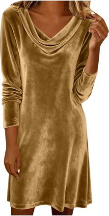 Generic Velvet Dresses for Women UK Casual Long Sleeve Solid Shirt Fashion Cowl Neck Drape Ruched Front Gown Pleated Loose Pullover Dresses Work Office Daily 