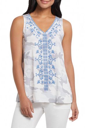 Tribal Sacha Sleeveless Blouse In White And Gray/blue
