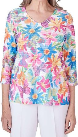 Alfred Dunner Paradise Island Floral Top In Blue/pink Multi