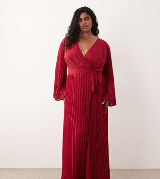 Tfnc Plus Vestito lungo avvolgente a maniche lunghe rosso jacquard a pieghe
