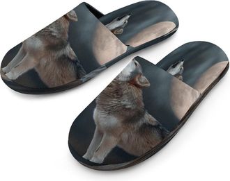 Generic Wolf Howling at The Moon Mens Cozy Memory Foam Slippers Warm Cotton House Shoes Comfy Slipper for Indoor Outdoor