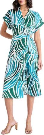 Maggy London Cap Sleeve Chain Detail Faux Wrap Midi Dress in Cream/Teal at Nordstrom, Size 12