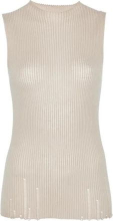 Uma Wang Ribbed Mock Neck Mouwloze Top met Verfomde Zoom - Dames - Tops zonder mouwen - Bruin - L - Wol - Tops