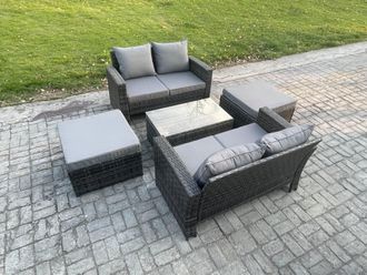 Fimous Wicker Rattan Garden Furniture Sofa Set with Rectangular Coffee Table Double Seat Sofa 2 Big Footstool 6 Seater Outdoor Rattan Set in Dark Grey