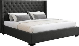 Vente-Unique Cama 200 x 200 cm con cabecero capiton&eacute; - Tela - Gris - MASSIMO