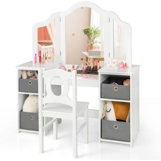 Costway Kids Vanity Desk & Chair 2 in 1 Makeup Pretend Play Table-White + Gray
