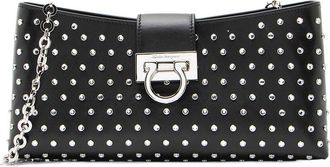 Ferragamo Black Crystal & Leather Trifolio Chain Shoulder Bag (Authentic Pre-Loved)