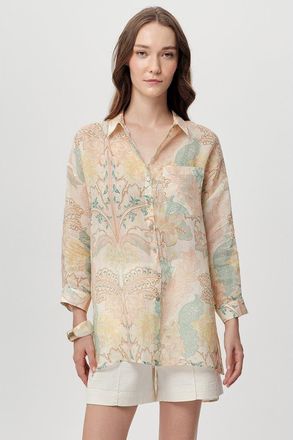 Exquise Aron Shirt Collar Long Sleeve Printed Ramie Shirt in Multi Color at Nordstrom, Size Medium
