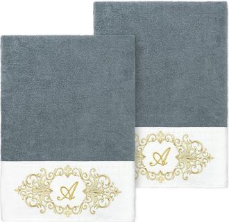 Linum Home Textiles Set Of Two 100% Turkish Cotton Monogram Embellished Bath Towels