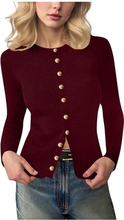 Generic Womens Oversized Cotton Cardigan Sweater Womens Cardigan Long Sleeve Lightweight Cardigans Button Down Crew Neck Knit Outerwear Tops for Womens Everyd