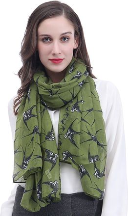 Lina & Lily Swallow Bird Print Womens Scarf Shawl Wrap Lightweight (Army Green)